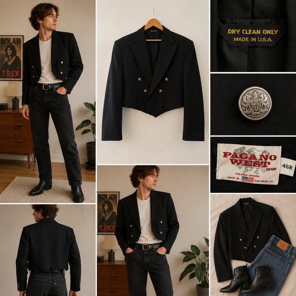 Vintage Pagano West Cropped Black Western Blazer Made in USA 46R ✨